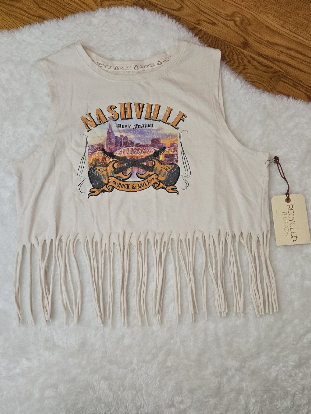 Recycle Threads Cropped Fringe Tank Top, Womens Large